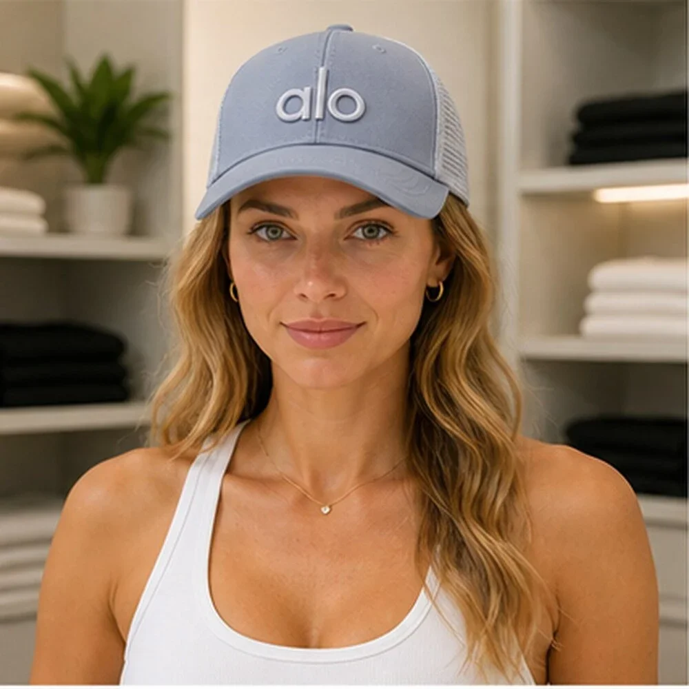 ALO Yoga Mist Blue Gray Running Mesh Trucker Cap Hat NWT